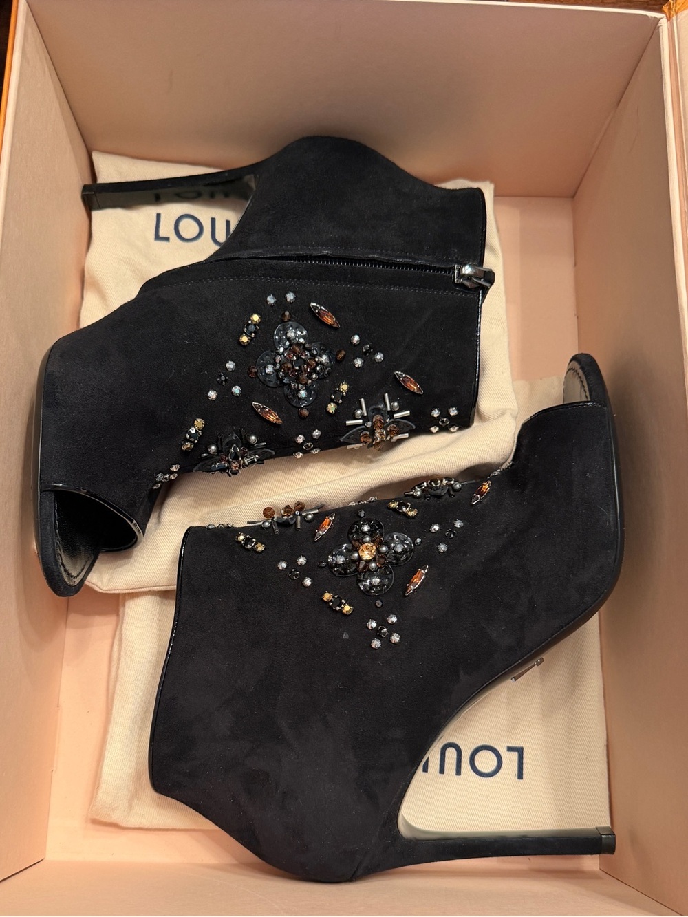 Louis Vuitton Size 41 Black Suede Crystal Embellished Peep Toe Ankle Boots
